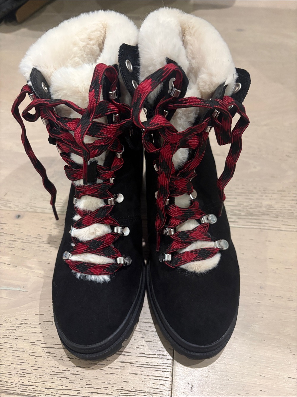 Jellypop Black Suede Winter Boots with Red Plaid Laces